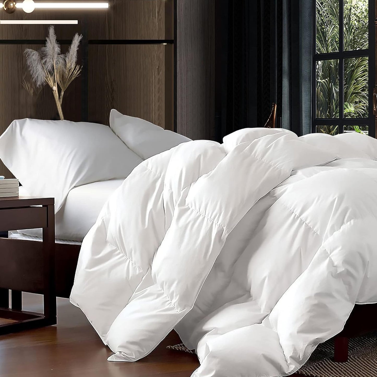 Luxurious Twin/Twin XL Size Goose Down Fiber Waterfowl Feather Fiber Comforter Duvet, 100% Egyptian Cotton Cover, 50 oz. Fill Weight, Baffle Box Design, White Solid